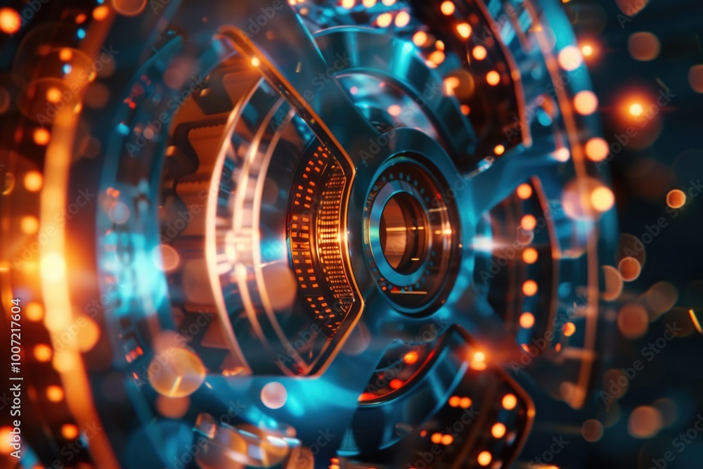 Aufkleber a close-up view of a circular object with lights in the background, ideal for use in science and tec