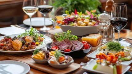 A table is set with delicious food, including roasted meat, potatoes, and vegetables. There are two glasses of wine, one white and one red, on the table.