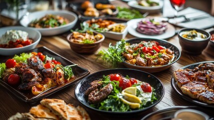 Obraz premium Close up of a table spread with various Mediterranean cuisine dishes.