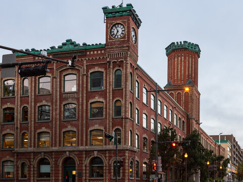 Quebec City, Quebec, Canada, October 2, 2024 -&nbsp;The former Dominion Corset company 1871 Victorian red brick headquarters at 295 Charest East boulevard in the St. Roch lower town