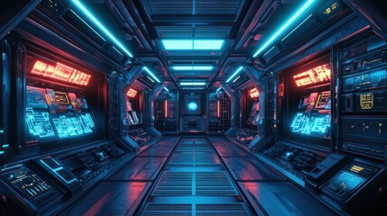 Fototapeta premium Futuristic spaceship corridor with neon lights and glowing screens.