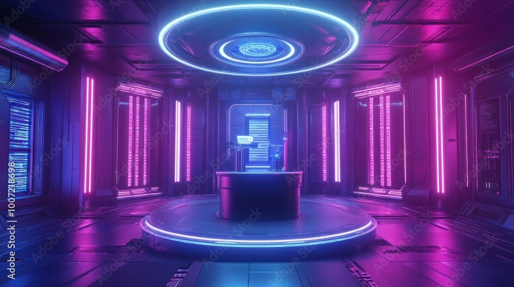 Wall mural futuristic sci-fi room with neon lights and platform.