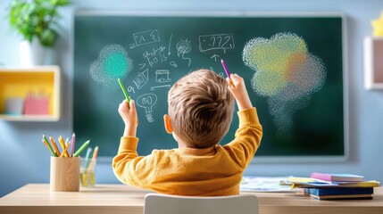 Teacher using colored chalk to write vocabulary words on a chalkboard, engaging elementary students in a language lesson.