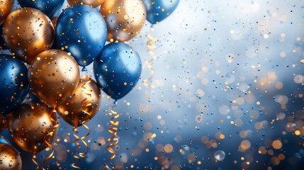 A bunch of gold and blue balloons with confetti falling around them. Space for text