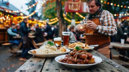 man i enjoying a hearty meal of sausages, fried potatoes, and sauerkraut at Oktoberfest