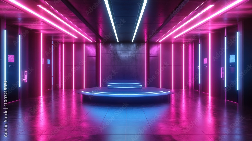 Wall mural futuristic cyberpunk room with blue and pink neon lights.