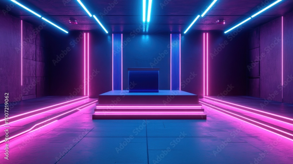 Canvas Prints empty stage with neon lights in a dark room.