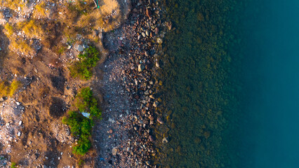 Aerial view of the vibrant interface where land meets water, showcasing nature's captivating textures and colors