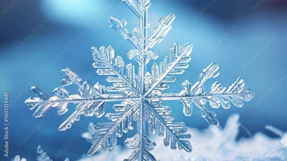 Poster macro photograph of a snowflake showcasing its intricate and unique design resting on a bed of fresh