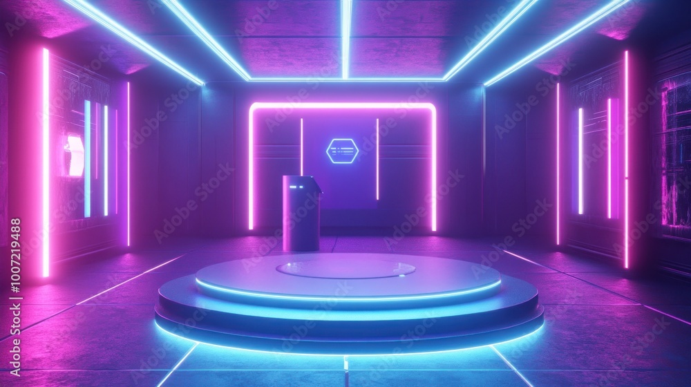 Wall mural Futuristic room with a circular platform and neon lights.