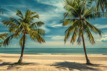 Obraz premium Two palm trees stand tall on a sandy beach, with the vast ocean stretching out behind them