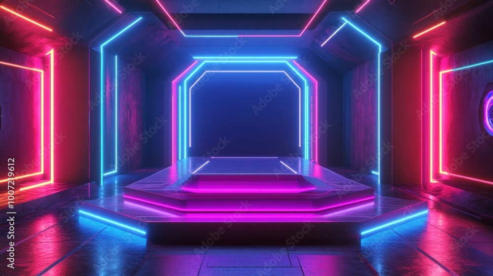 Wall mural futuristic neon room with a platform and glowing blue and pink lights.