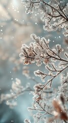 Naklejka premium Frost-Covered Branches with Snowflakes in Winter Wonderland
