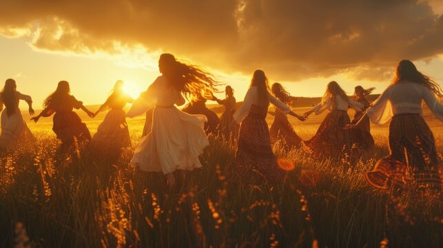 Group of women enjoying a beautiful sunset while dancing in a field, perfect for use in scenes about unity, celebration or nature