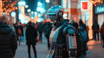 A humanoid robot walks through a bustling city street at night, blending in with the crowd.