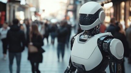 Fototapeta premium A white robot with a black arm stands in the middle of a busy city street, with people walking by.