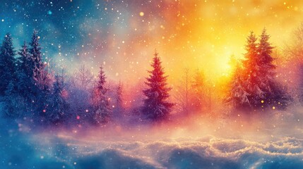 Winter Wonderland at Sunrise with Snow-Covered Trees and Magical Snowfall in Scenic Forest