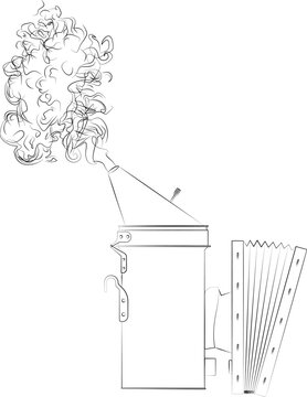 recommend clip art: Bee Beekeeper Smoker with Leather Bellows, Imkado Smoker with smoke realistic contour, outline lines drawn