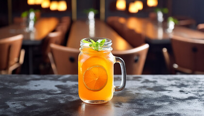 Mocktail in a glass jar on black gradient restaurant background