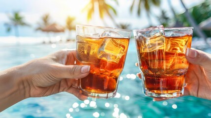 Cheers To Paradise. Hands Toasting Ice Cold Drinks Against Tropical Beach Background.