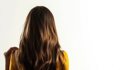 Naklejka premium Rear view of a woman with long brown hair wearing a yellow sweater and holding a measuring tape.