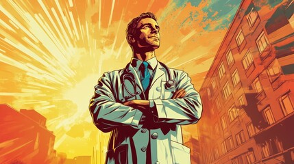 Fototapeta premium Confident Doctor Standing Tall in Bright Urban Environment with Sunrise Background