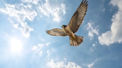 Obraz premium Peregrine Falcon Bird Flying in Nature Under Blue Sky with Clouds, Photo Realistic, Wallpaper, Cover and Screen for Smartphone, PC, Laptop, 9:16 and 16:9 Format