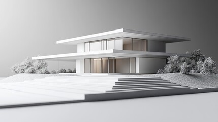 Fototapeta premium Modern Minimalist House with Flat Roof in Monochrome Design Depicting Contemporary Architecture