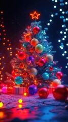 Glowing Festive Christmas Tree with Colorful Baubles and Neon Lights in a Winter Wonderland