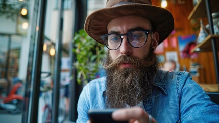 A man with a beard and glasses looks at his cell phone, possibly checking messages or browsing the internet