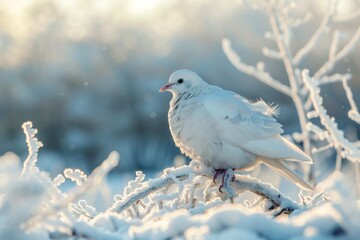 Fototapeta premium A white bird sits atop a snow-covered tree branch, blending in with its winter surroundings