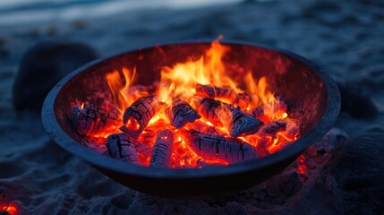 Closeup of burning embers in a metal bowl on a sandy beach.