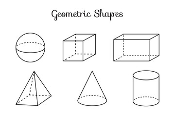 Thin Line 3D Geometric Shapes of Sphere, Cube, Cuboid, Pyramid, Cone and Cylinder