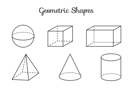 Thin Line 3D Geometric Shapes of Sphere, Cube, Cuboid, Pyramid, Cone and Cylinder