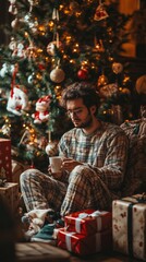 Naklejka premium Cozy Christmas Morning: Young Man in Plaid Pajamas with Hot Beverage by Decorated Tree