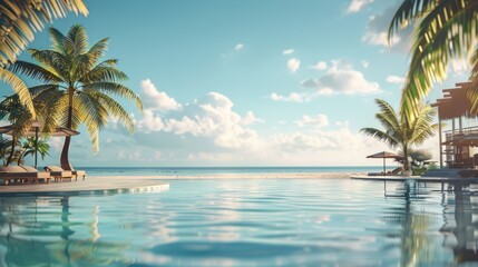 Lounge chairs and palm trees by a serene empty pool
