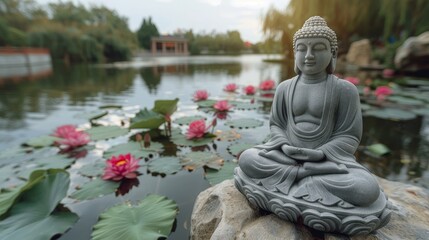 Serene stone buddha statue surrounded by lotus flowers at sunset with stunning bokeh effects