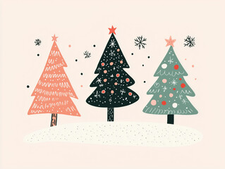 2d vector clipart of three different illustration styles of cartoon minimalist christmas trees alined in pastel tones, cute.