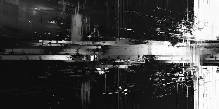 Fototapeta A black and white photograph of a cityscape at nighttime, highlighting urban architecture and streetlights