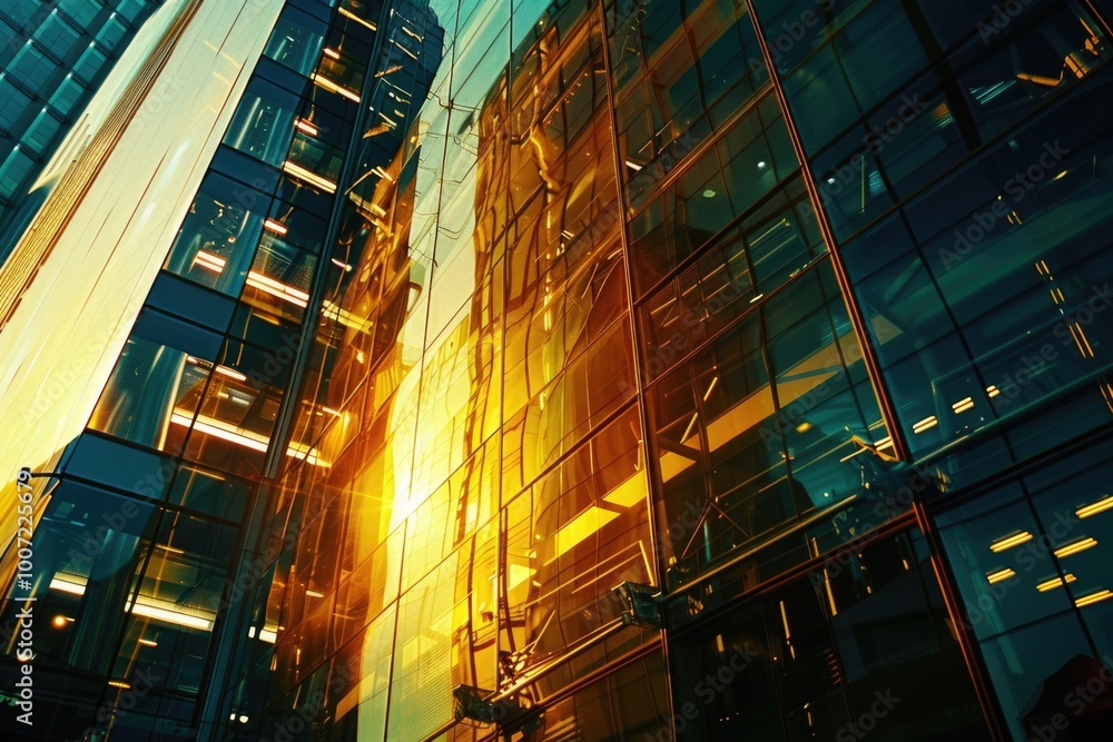 Poster A cityscape with a reflection of a tall building on the window of another building