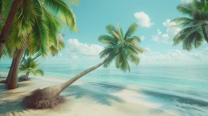 A palm tree leans over the sand on a beach, ideal for coastal or tropical themed designs