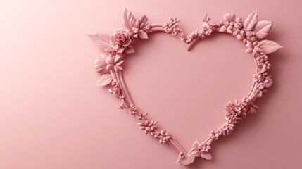 Pink floral heart shaped frame on pink background.