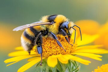 Bumblebee Collecting Pollen on a Yellow Flower.
