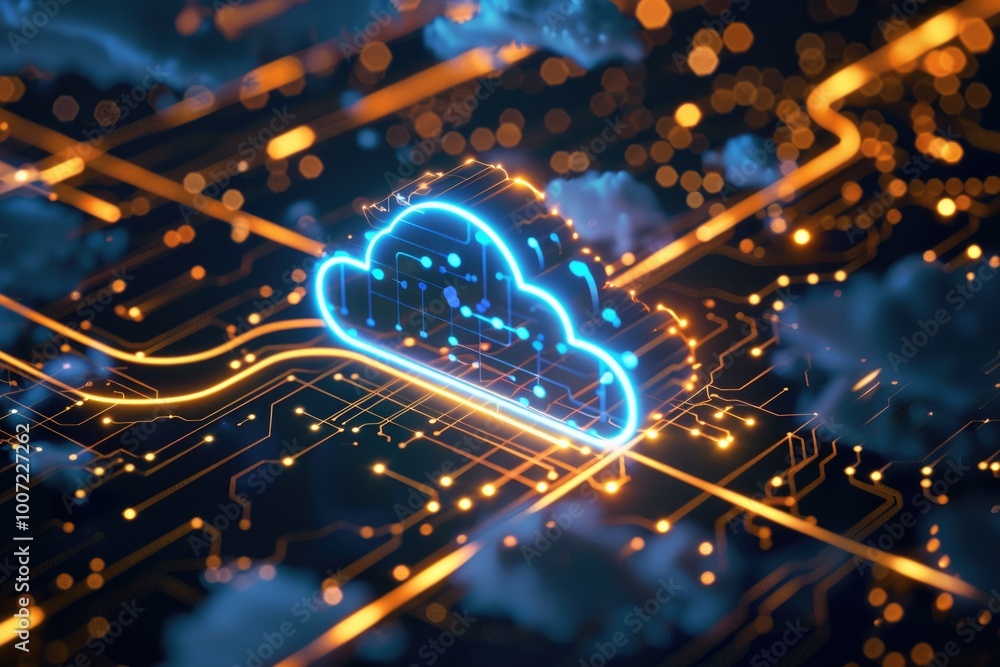Aufkleber a glowing cloud hovering above a circuit board, perfect for use in tech-related illustrations and de