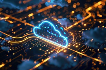 A glowing cloud hovering above a circuit board, perfect for use in tech-related illustrations and designs