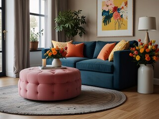 Trendy space for living with a circular ottoman, vibrant décor, and new flower arrangements that create a lively yet comfortable ambiance and furniture 