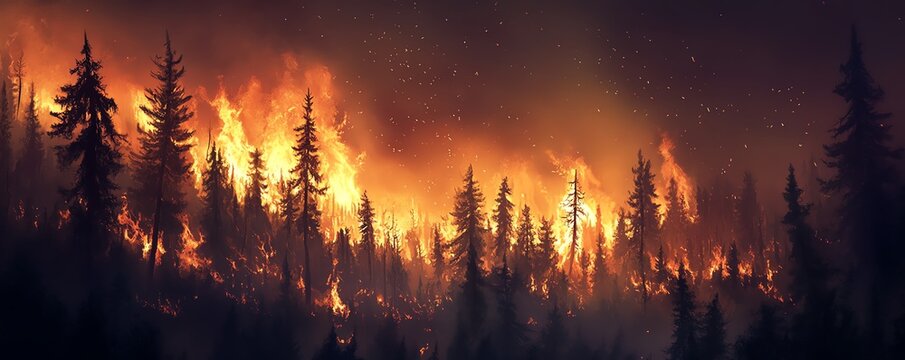 Intense forest fire spreading through trees at night, illuminating the dark sky with bright flames and heavy smoke, creating a dramatic scene.