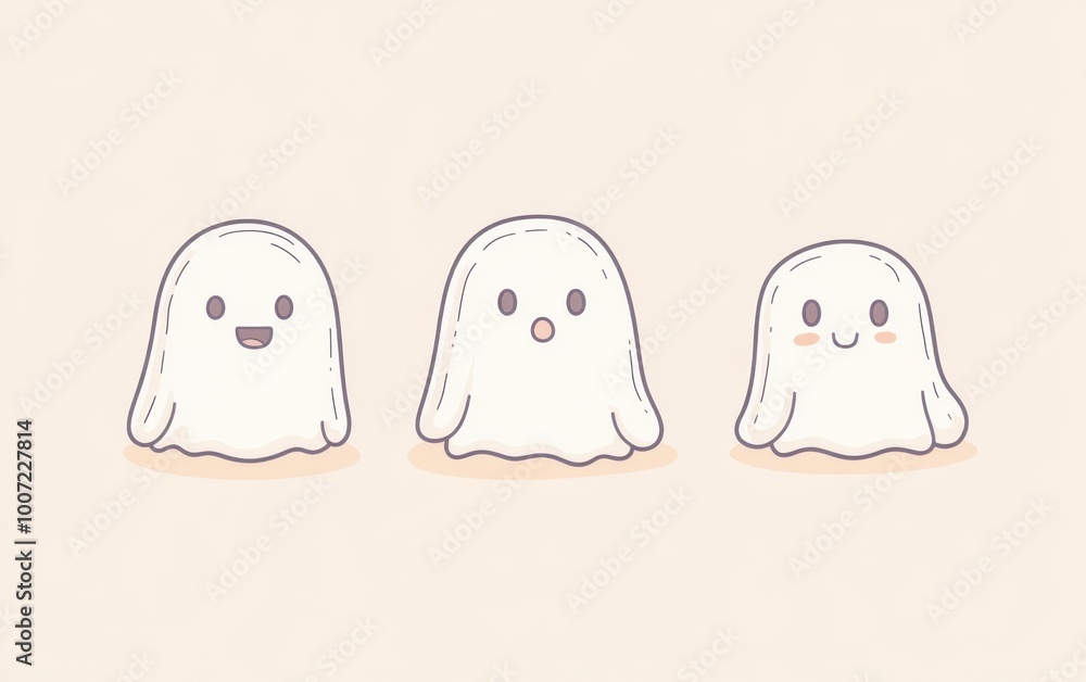 Poster set of cute, simple line art cartoon ghosts on a beige background the ghosts are composed of simple 