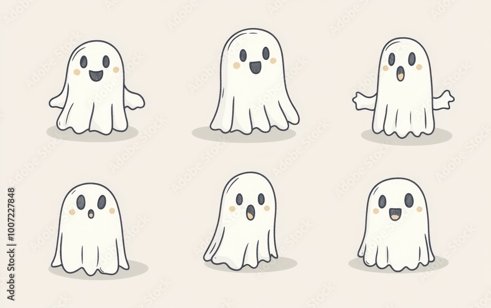Poster a set of cute cartoon ghosts in a simple line art style the ghosts are simple shapes and lines, with