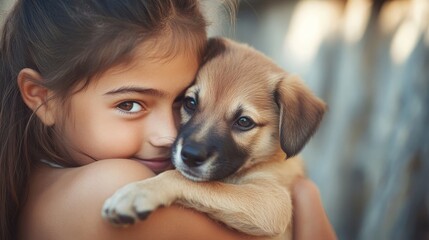 Young girl holds her puppy close to her chest, looking at the camera.